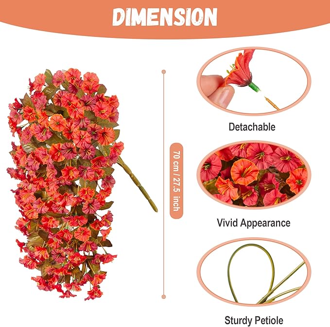 Artificial Fall Hanging Flowers for Outdoors Decoration, 2PCS Fake Plants Faux Realistic Silk Morning Glory Long Vines UV Resistant for Autumn Outside Porch Patio Balcony Yard Planter, OrangeRed