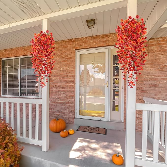 Artificial Fall Hanging Flowers for Decoration, 2pcs Long Vine Fake Flowers Plants Morning Glory, Realistic Faux Petunias for Planter Patio Porch Garden Autumn Outdoors Dec, Orange Red
