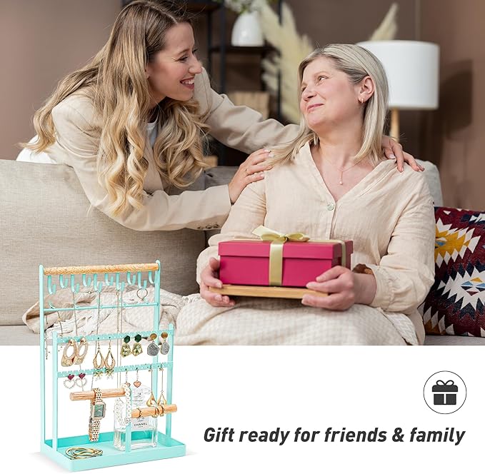 ProCase Jewelry Organizer Stand Necklace Organizer Earring Holder, 6 Tier Jewelry Stand Necklace Holder with 15 Hooks, Jewelry Tower Display Rack Storage Tree for Bracelets Earrings Rings -Aqua
