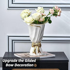 White and Gold Vase, Bow Vase for Home Decor, White Flower Vases for Boho Style, 9.65 Inch Large Vases for Ideal Table Decor, Ceramic Bouquet. （Glazed Exterior and Interior） (White, Large)