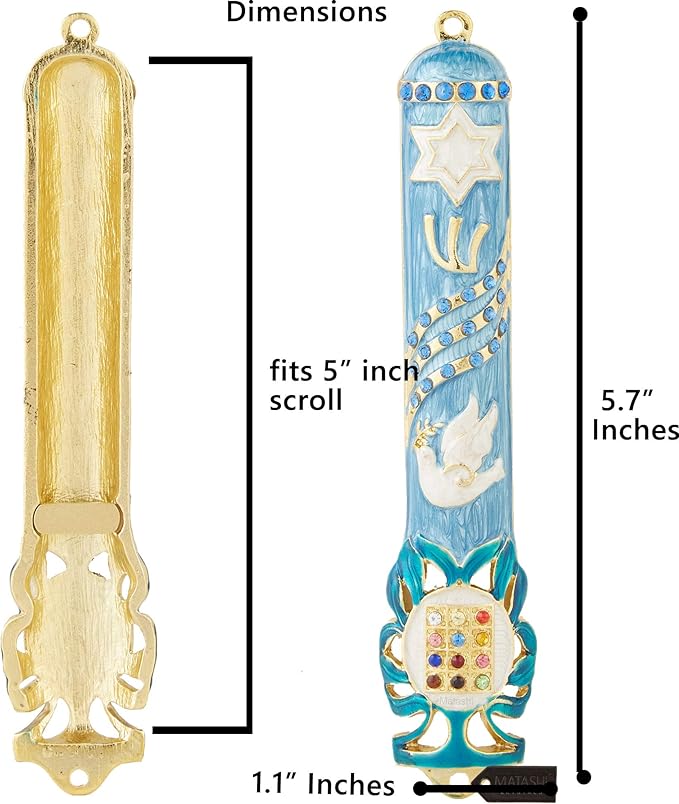 Matashi Hand Painted Light Blue Enamel Mezuzah Case Embellished with Star of David, Peace Dove, and Priestly Hoshen Breastplate with Blue Crystals - Jewish Home Door Decor, Housewarming Judaica Gift
