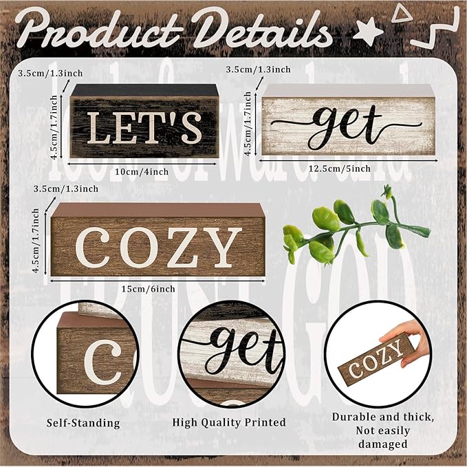 Moucuny 4 Pcs Farmhouse Table Decor Inspirational Wooden Signs Rustic Eucalyptus Leaves Wooden Block Sign Gift Let's Get Cozy Farmhouse Table Centerpiece for Living Room Housewarming Gift