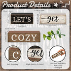 Moucuny 4 Pcs Farmhouse Table Decor Inspirational Wooden Signs Rustic Eucalyptus Leaves Wooden Block Sign Gift Let's Get Cozy Farmhouse Table Centerpiece for Living Room Housewarming Gift