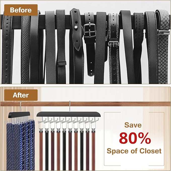 Tie Rack Hanger for Closet, 2 in 1 Belt Tie Hangers with 20 Folding Hooks, 360 Degree Rotating Wooden Tie Holder Organizer for Men Ties Belts Scarves Tank Tops Accessories, Black (2 Pack)
