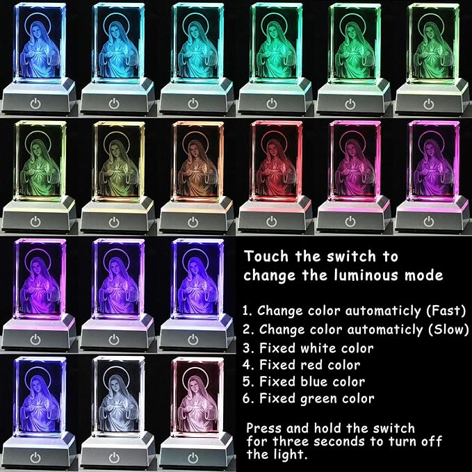 YWHL 3D Crystal Virgin Mary with Colorful Light Base, Laser Engrave Blessed Mother Religious Gifts for Women, Christian Gifts for Friend, Our Lady of Guadalupe