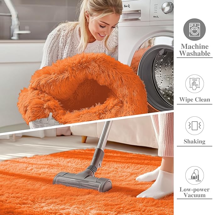 OLANLY 9x12 Machine Washable Large Area Rugs for Living Room, Bedroom, Soft Fluffy Shaggy Bedside Rug, Indoor Floor Carpet for Kids Girls and Boys, Dorms, Nursery, Home Decor Aesthetic, Orange