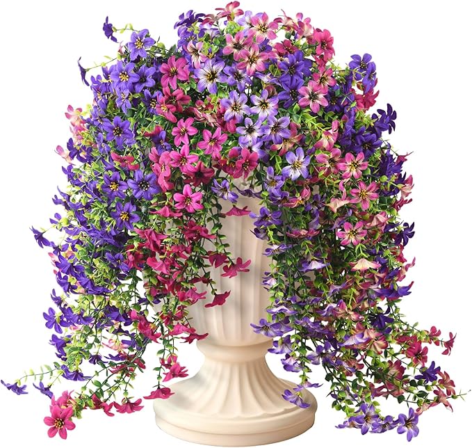 INQCMY Artificial Hanging Flowers Decoration, 8pcs Fake Floral Basket Plants for Outdoor Porch, Faux Shrubs Home Spring Decor UV Resistant Potted Violets for Outside Garden No Fade