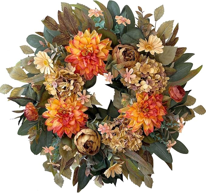 WANNA-CUL 24 Inch Spring Fall Wreaths for Front Door,Fall Wreath with Orange Hydrangea&Peony and Dahlia -Fall Decoration for Home-Fall Decor Door Wreath for Valentines Day,Mothers Day,Autumn,Harvest
