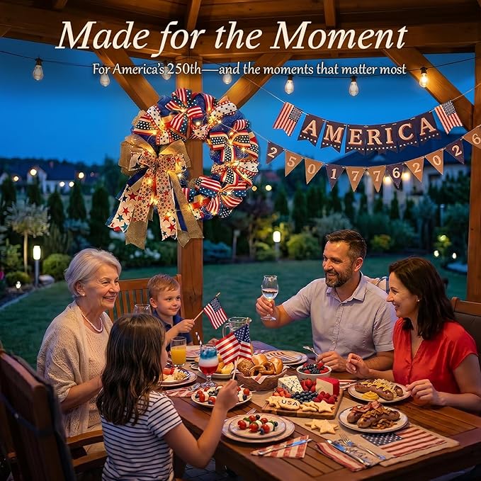 250th Anniversary Patriotic Wreaths for Front Door, 24 Inch Large Full Layered & Pre-Lit Design 4th of July Decorations with Burlap Bow, Red White and Blue Ribbon Wreath for Memorial Day