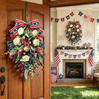 2 Pack 21'' Patriotic Teardrop Swag Wreaths for Cabinets Artificial 4th of July Swag Wreath with White Roses Red Blue Spike Flowers Eucalyptus Leaves for Independence Day Memorial Day Front Door Porch