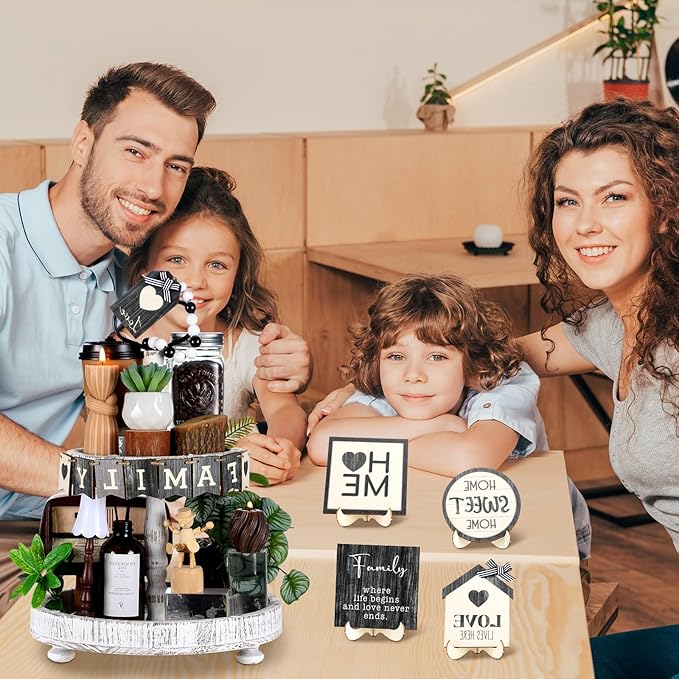 Mifoci 18 Pcs Farmhouse Tiered Tray Decor Home Wooden Signs Rustic Home Tiered Tray Decorations Sweet Vintage House Tabletop Table Centerpiece Black White Block for Kitchen Table Housewarming