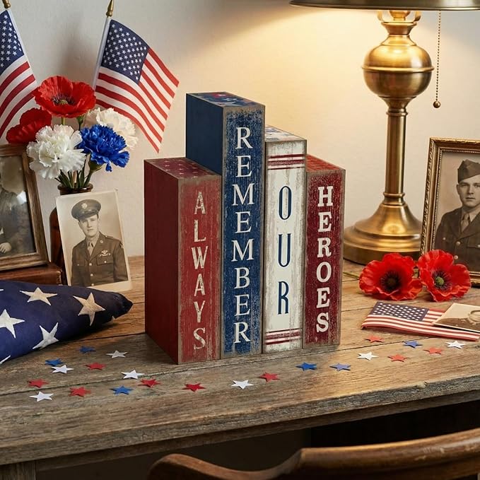 Lineshading 4 Pcs 4th of July Table Decoration Wooden Book Always Remember Our Heroes America Decor Patriotic Tiered Tray Decor Red White Blue Memorial Day Block Signs for 250th Anniversary Home Shelf
