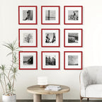 Vittanly 12x12 Picture Frames Set of 9, Shatter Resistant Plexiglass, Display 8x8 Pictures with Mat or 12x12 without Mat, Photo Frames for Wall Mount, Engineered Wood, Red