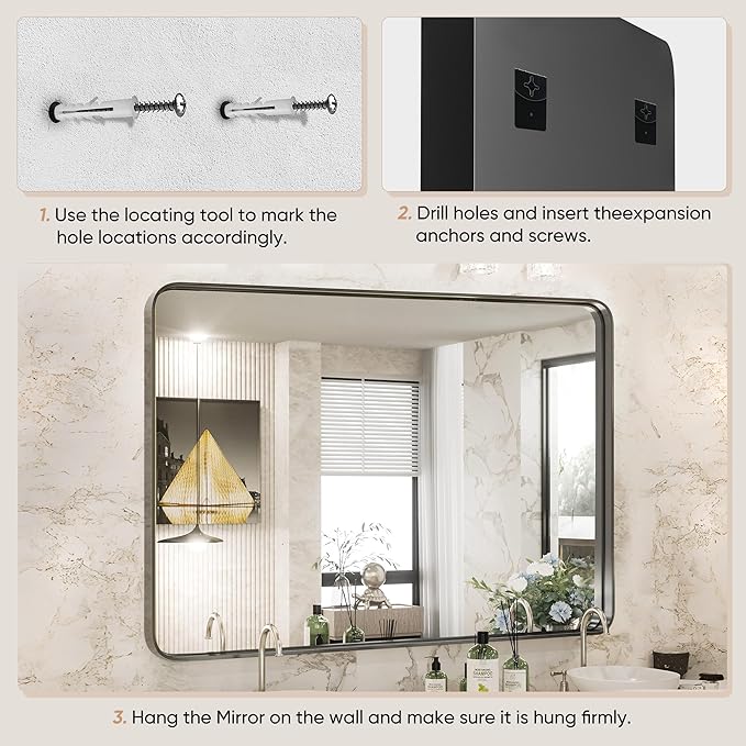 DUMOS Black Metal Framed Vanity Rounded Rectangle Bathroom Mirrors for Over Sink Wall, 30x22 Inch Matte Large Mirror, Modern Decorative for Restroom, Farmhouse, Horizontally or Vertically Hanging