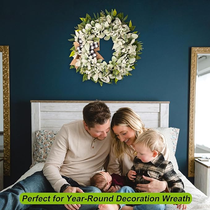 Lambs Ear Eucalyptus Front Door Wreath Year Round, 20" Handmade Green Farmhouse Spring Summer Wreath for Porch Wall Outdoor Indoor Home Decorations