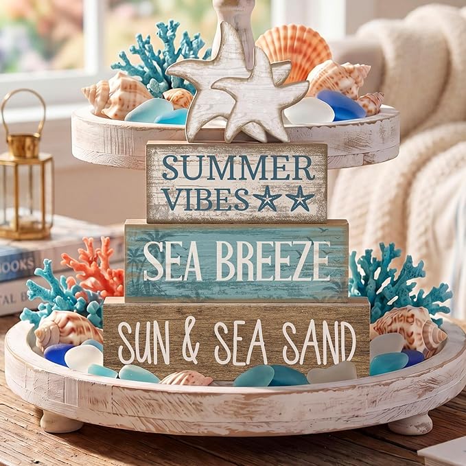 Yuntau 4 Pcs Summer Beach Decorations for Home Beach Tiered Tray Decor Starfish Coastal Rustic Starfish Wooden Block Table Sign Stacked Book Nautical Table Centerpiece for Farmhouse Office Desk Shelf