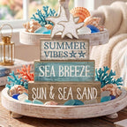 Yuntau 4 Pcs Summer Beach Decorations for Home Beach Tiered Tray Decor Starfish Coastal Rustic Starfish Wooden Block Table Sign Stacked Book Nautical Table Centerpiece for Farmhouse Office Desk Shelf