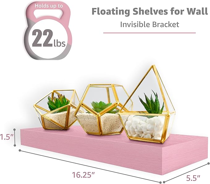 Sorbus Floating Shelves for Wall – 16 Inch Floating Shelf for Kitchen, Bedroom, Living Room, Bathroom, Home & Wall Decor - Mounted Bathroom Shelves with Invisible Brackets (Soft Pink, 5 Pack)