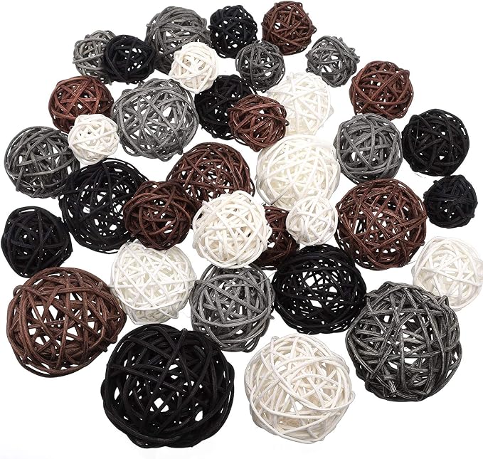 Patelai 36 Pcs Wicker Rattan Balls Decorative Balls for Vase Centerpiece Bowls Orbs Filler for Home Decor,4 Sizes(White, Dark Gray, Brown, Black,2.4'',2'',1.6'',1.2'')