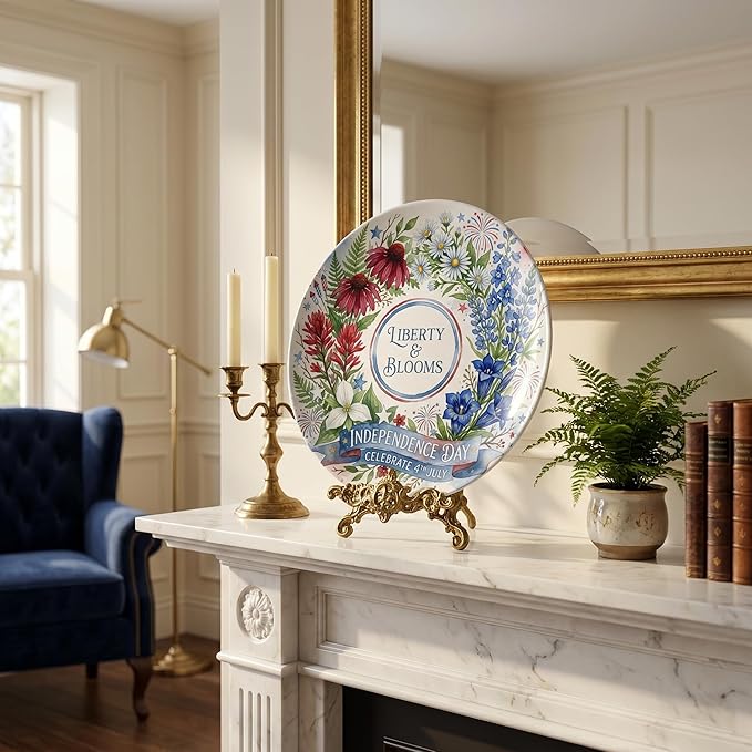 250th Anniversary Decorative Plates 10 Inch Patriotic Decorations Floral Plates with Stand 4th of July Independence Day Veterans Day Home & Office Decor
