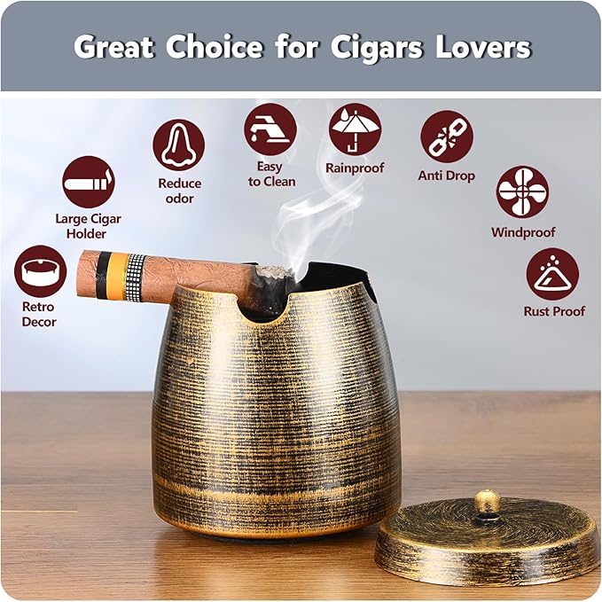 Cigar Ashtray with Lid for Outdoors Outside Patio Home Retro Decor,Large Cigar Holder Ash tray Outdoors,Cigar Accessories Gift for Men Dad Husband Boyfriend-Small
