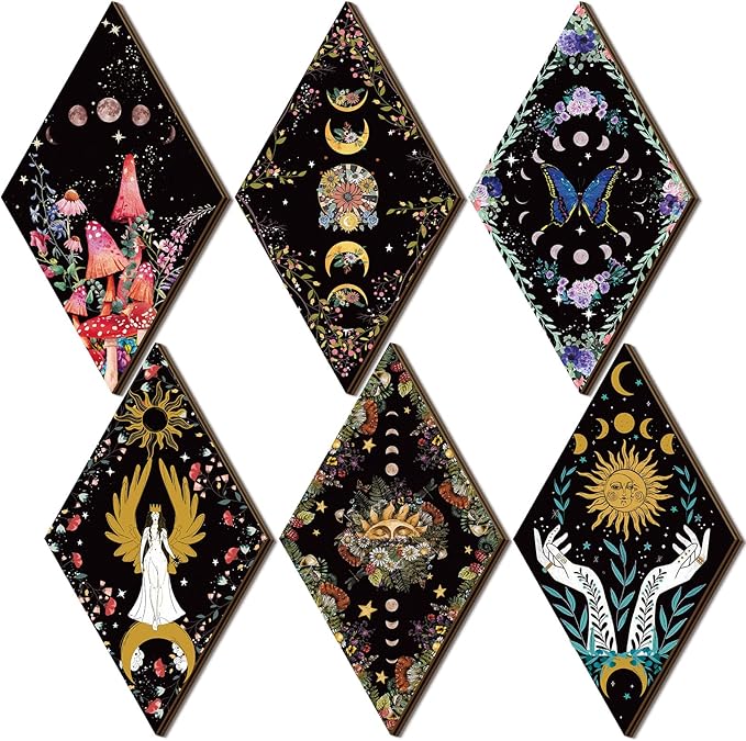 Qunclay 6 Pcs Witchy Gothic Wall Decor Rustic Boho Home Decor Sun Moon Mushroom Phases Wall Art Gothic Star Hanging Wooden Decoration Farmhouse Pediments for Bedroom Living Room Gallery(Moon Sun)