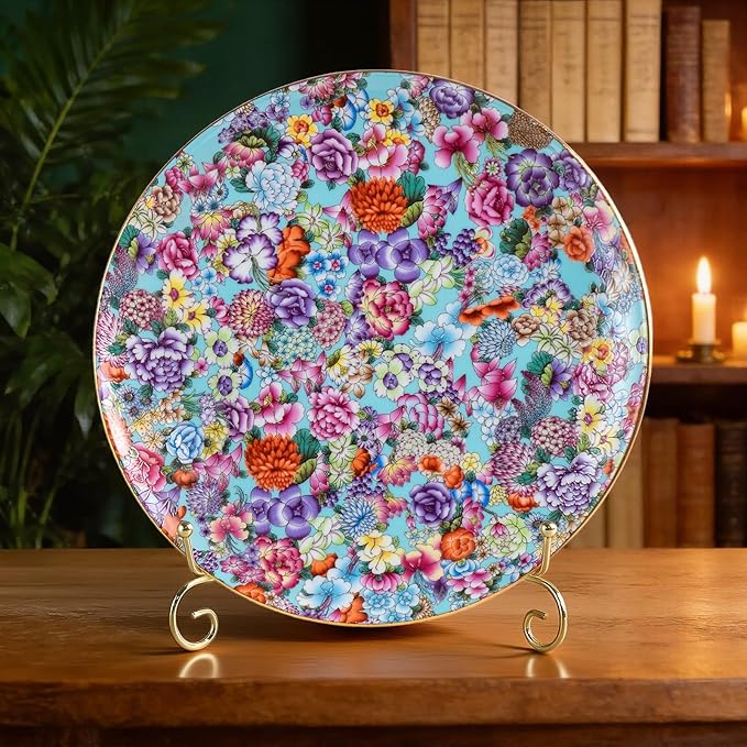 Decorative Plates Set for Display, Lake Blue Ceramic Plate Decor with Stand，Handmade Vintage Flower Porcelain Ornament for Living Room, Kitchen, Office, Perfect Chinese Style Dish Gift (8in+10in)