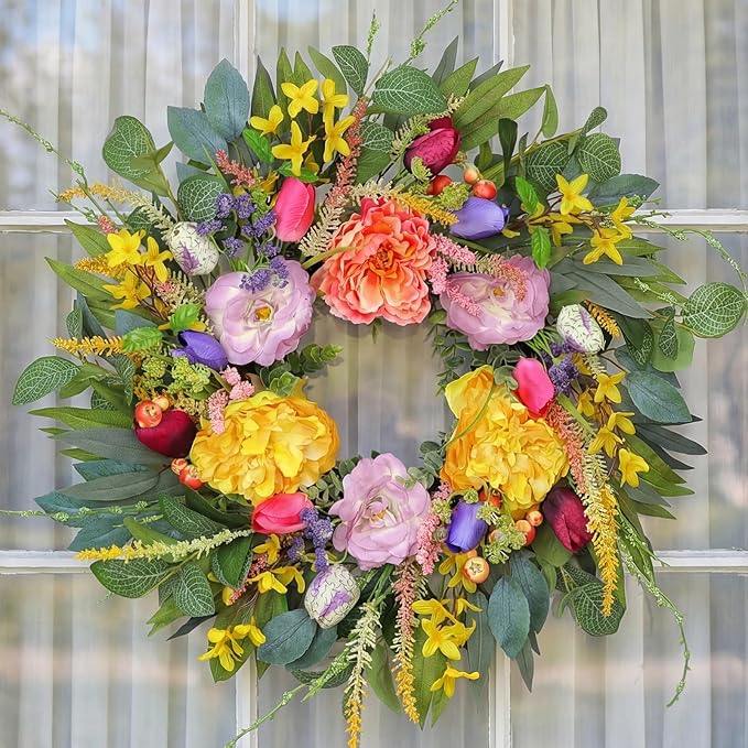 Chrisxiao 24 Inch Spring Summer Wreath for Front Door, Eucalyptus Wreaths with Peony, Tulip & Eucalyptus Leaves,Summer Wreath for Home Farmhouse, Outdoor, Porch, Wall Window Decor All Year Round
