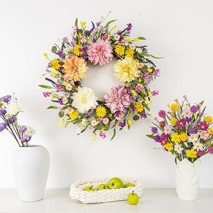 LLZLL Spring Wreaths for Front Door 22 Inch Spring Wreath Artificial Summer Wreath with Colorful Dahlia Daisy and Forsythia for Farmhouse Home Holiday Decorations