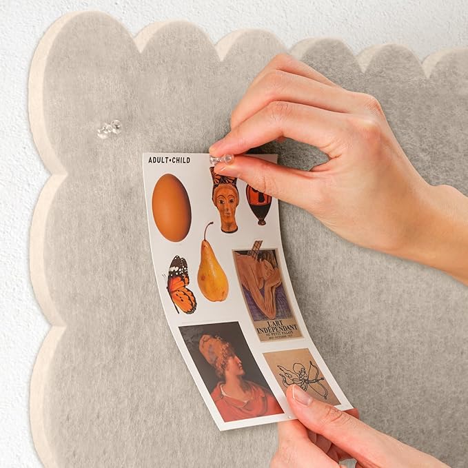 Lightomorrow Scalloped Bulletin Board, 35 x 17.5 Inches Felt Pin Board - Decorative Cork Alternative for Wall, Foldable Picture Self-Adhesive Vision Prayer Board with 20 Pushpins - Oatmeal
