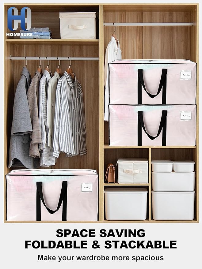 80 Pack Large Strong Moving Bags with Zippers & Carrying Handles - Water-Resistant - Heavy Duty Storage Tote for Space Saving, Fold Flat, Alternative to Moving Box (Semi-Transparent)