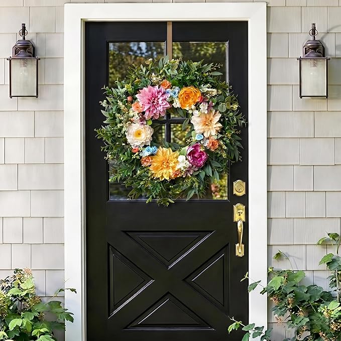 Somikis 24 Inch Front Door Wreath, Large Artificial Flowers Wreath with Silk Peony Dahlia Eucalyptus, Realistic Greenery Welcome Floral Wreath Decor All Year Round for Inside Outside Wall Entryway
