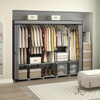 83 Inch Wide Portable Closet Wardrobe, Clothes Storage Rack Organizer with Cover, 5 Clothes Hanging Rods and 10 Storage Shelves, Grey