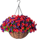 Artificial Hanging Flowers in 12 inch Basket, Faux Silk Petunias Flower Arrangement,Coconut Lining with Morning Glories Fake Plants Patio Garden Porch Deck Spring Summer Decor(Purple and Red)