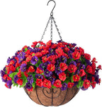 Artificial Hanging Flowers in 12 inch Basket, Faux Silk Petunias Flower Arrangement,Coconut Lining with Morning Glories Fake Plants Patio Garden Porch Deck Spring Summer Decor(Purple and Red)