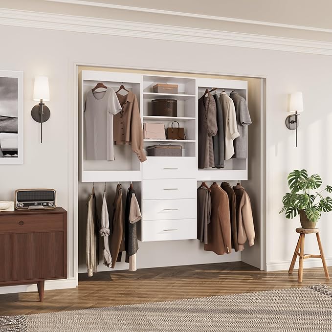 ROOMTEC Modular Closet System, 96" Wall-Mounted Closet Organizer with Drawers and Hanging Rods, Wooden Tower for Walk-In Closets, Wardrobe Storage Kit, White