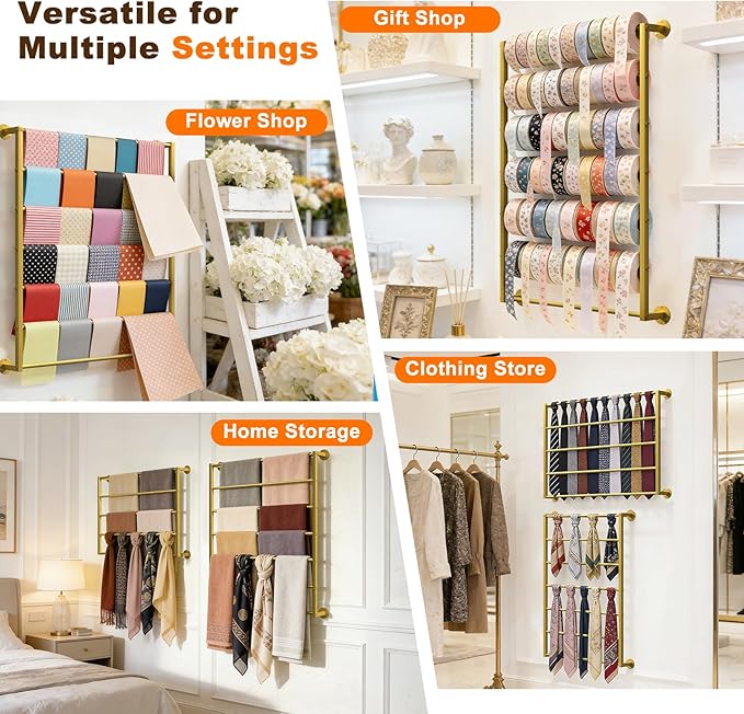Wall Mounted Scarf Rack, Gold Silk Scarves Hijab Hanger Organizer Metal Racks Wrapping Tissue Paper Ribbon Holder Towels Storage Display for Flower Shop Retail Store (Gold, 7T-31.5×35.4IN)