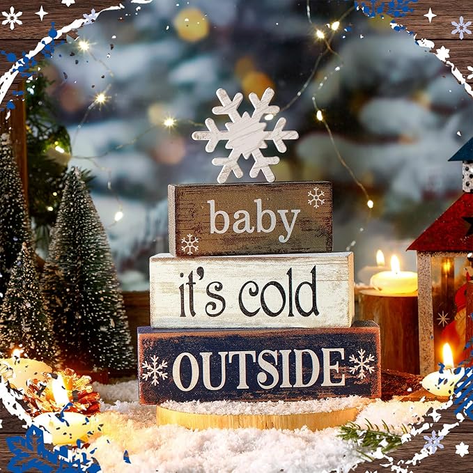 Moucuny 4 Pcs Christmas Table Decoration Winter Wooden Stacked Block, Baby It's Cold Outside Signs with Snowflake Topper, Rustic Christmas Tiered Tray Decor Snowflake Decor for Home Office Shelf