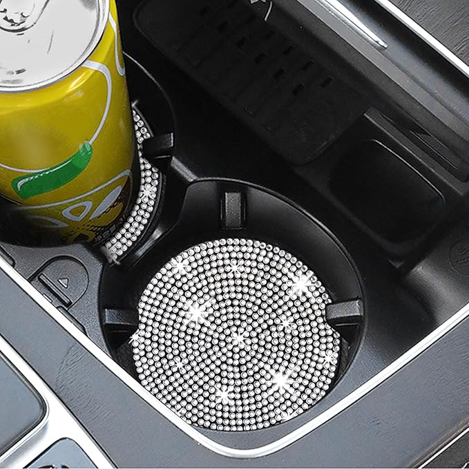 COCASES 4 Pack Bling Car Coasters, Car Cup Holder Coaster, Rhinestone Coaster for Cup Holders, Silicone Car Coasters for Women Car Interior Accessories (2.75'' White Crystal Circle)