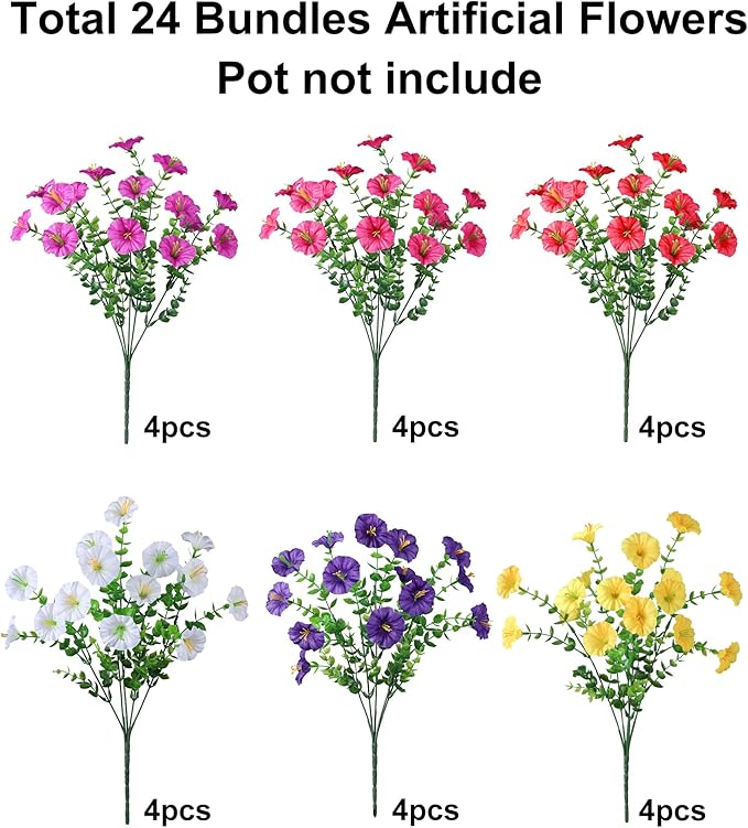 Ivydale 24 Bundles Artificial Flowers for Outdoors Spring Plants Outdoor Decor, Faux Silk Morning Glory Fake Flowers Bulk Realistic UV Resistant for Outside Porch Patio Window Garden Yard