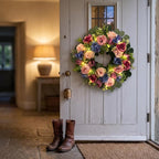 Svndlyn 22 Inch Pre-lit Artificial Spring Wreath for Front Door with Timer - 20 LED Lights, Pink Rose Peony & Eucalyptus Floral Decor, Battery Operated Summer Wreath for Indoor Covered Outdoor