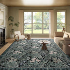 Washable Area Rugs 9x12 Black Green Vintage Floral Botanical Pattern,Perfect for Living Room, Bedroom, Kids Room, Nursery - Stain & Water Resistant Non-Slip, Pet & Child Friendly/Bedroom Decor