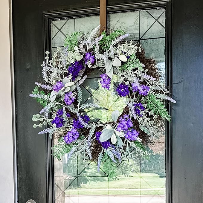 Haute Decor Mixed Artificial Lavender Wreath with Natural Grapevine - 24 Inch Spring Wreath for Front Door with Lavender, Eucalyptus, Cedar, Larkspur and Lamb's Ear Florals