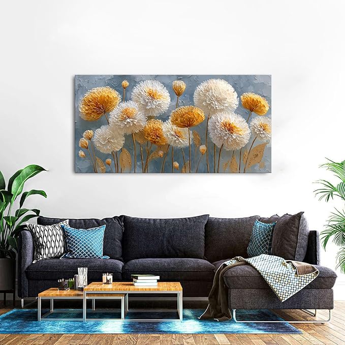 Abstract White Flower Wall Art Golden Floral Pictures Wall Decor Neutral Flowers Canvas Painting Boho Blossom Posters Print Nature Botanical Artwork Bedroom Living Room Home Decoration 29.53x57.87