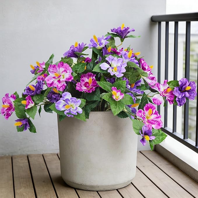 Artificial Flowers for Outdoors Indoors,2 Bunches Fake Hibiscus with Realistic UV Resistant Silk Flower Fabric Leaves,Faux Plants Outside for Patio Garden Yard Poch Decor (Purple,Fuchsia)