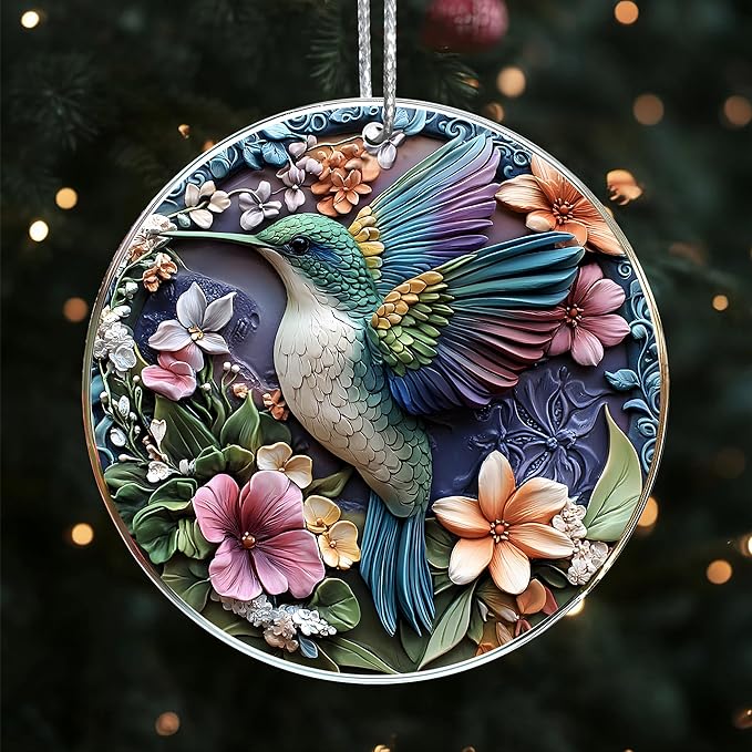 Jabihome Christmas Ornaments 2025, Exchange for Women, Men, Collectible Dated Year Ornaments for Tree, Unique Acrylic Suncatcher, Printed Stained Glass Effect Decor (Floral Hummingbird)
