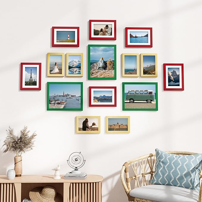 Vittanly 15 Pack Picture Frames Collage Wall Decor, Multi Sizes Including 3pcs 8x10, 6pcs 5x7 and 6pcs 4x6 Photo Frames, Gallery Frame Set for Wall or Tabletop Display, Green, Red and Gold