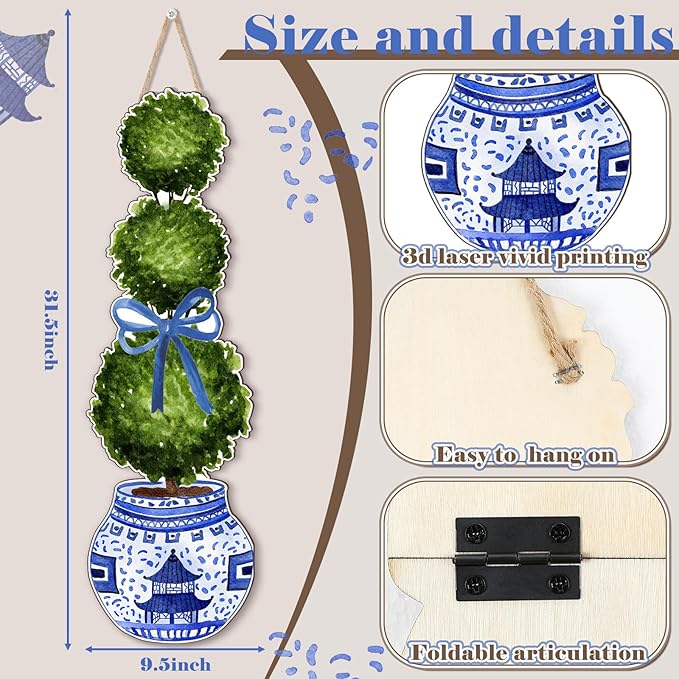 RattanView Large Size Chinoiserie Bonsai Door Hanger Rustic Topiary Wooden Sign Front Door Home Wreath Ornament for Farmhouse Indoor Outdoor Yard Porch Welcome Decor(Fresh,31.5 x 9.65 in)