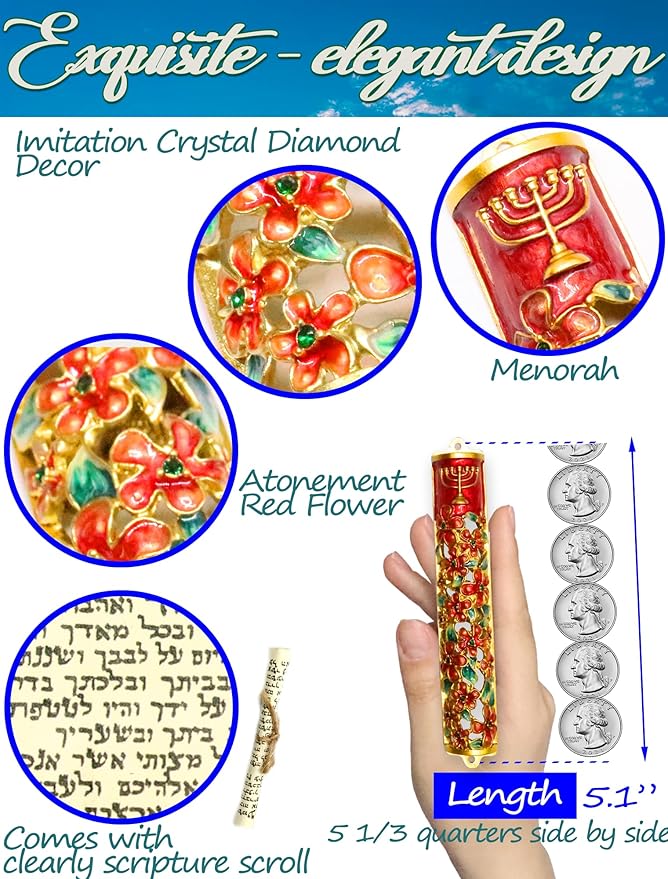 5.1” Exquisite Enamel Design Mezuzah with Scroll, Install in 15s w/Included Tape, or Permanently w/provided Screws, Blessing Red Bloom Mezuzah for Door for Any Memorable Jewish Occasions