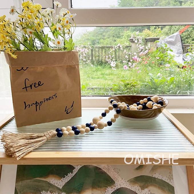 OMISHE Wood Bead Garland with Tassels 61 Inches, Decorative Beads Decor, Boho Farmhouse Wooden Beads Garland for Home Tiered Tray Decor, Navy Blue